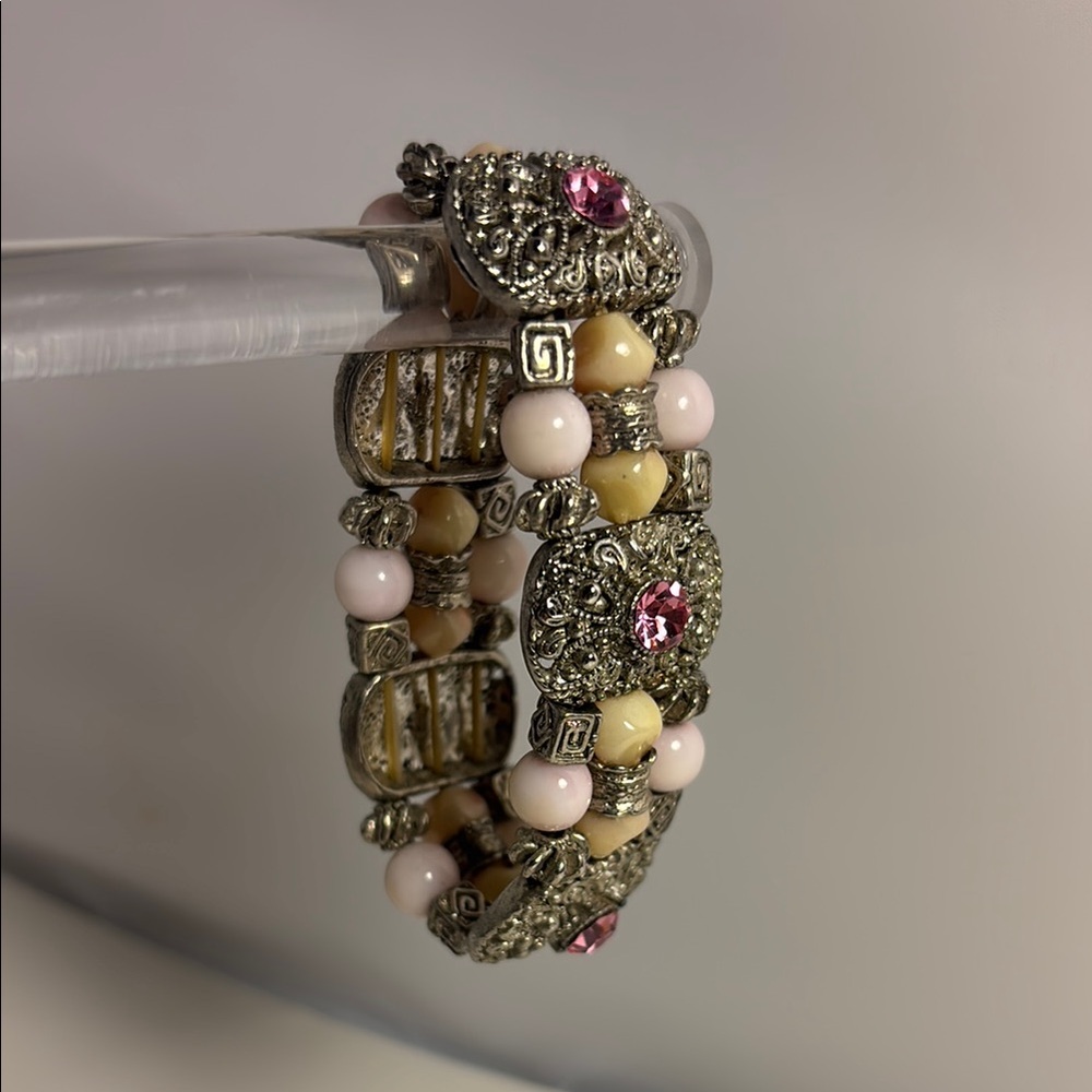 Elegant stretchy Silver and Pink Beaded Bracelet